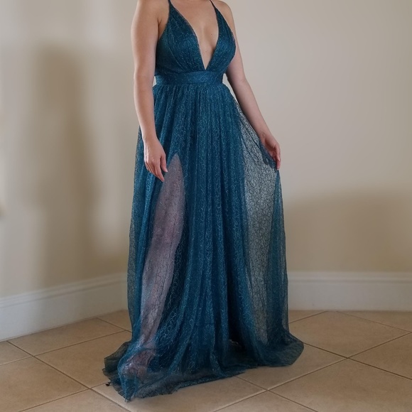 NEW TEAL LACE SHEER MAXI DRESS - Picture 4 of 8